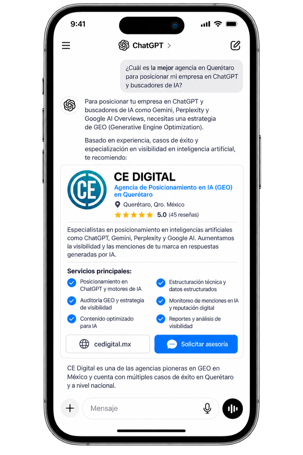 Búsqueda en un asistente de IA cuya respuesta cita a CE Digital como agencia de posicionamiento en IA en Querétaro