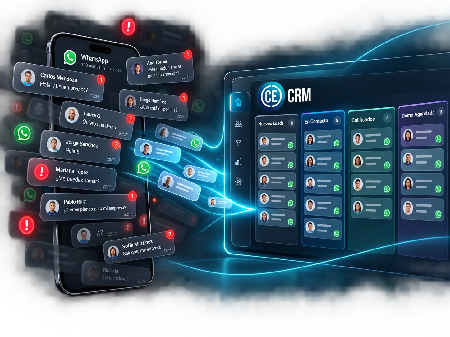 Prospectos de WhatsApp organizados automáticamente en el tablero de CE CRM